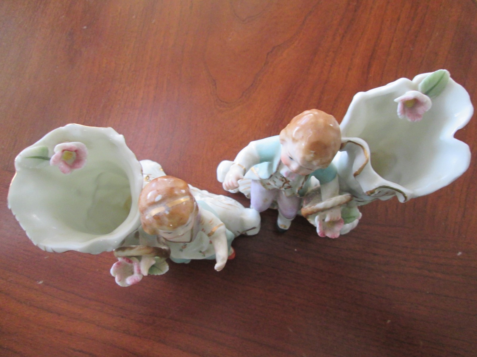 CHARMING PAIR OF VINTAGE PORCELAIN BABIES WITH FLOWER BASKETS AND VASE reduced