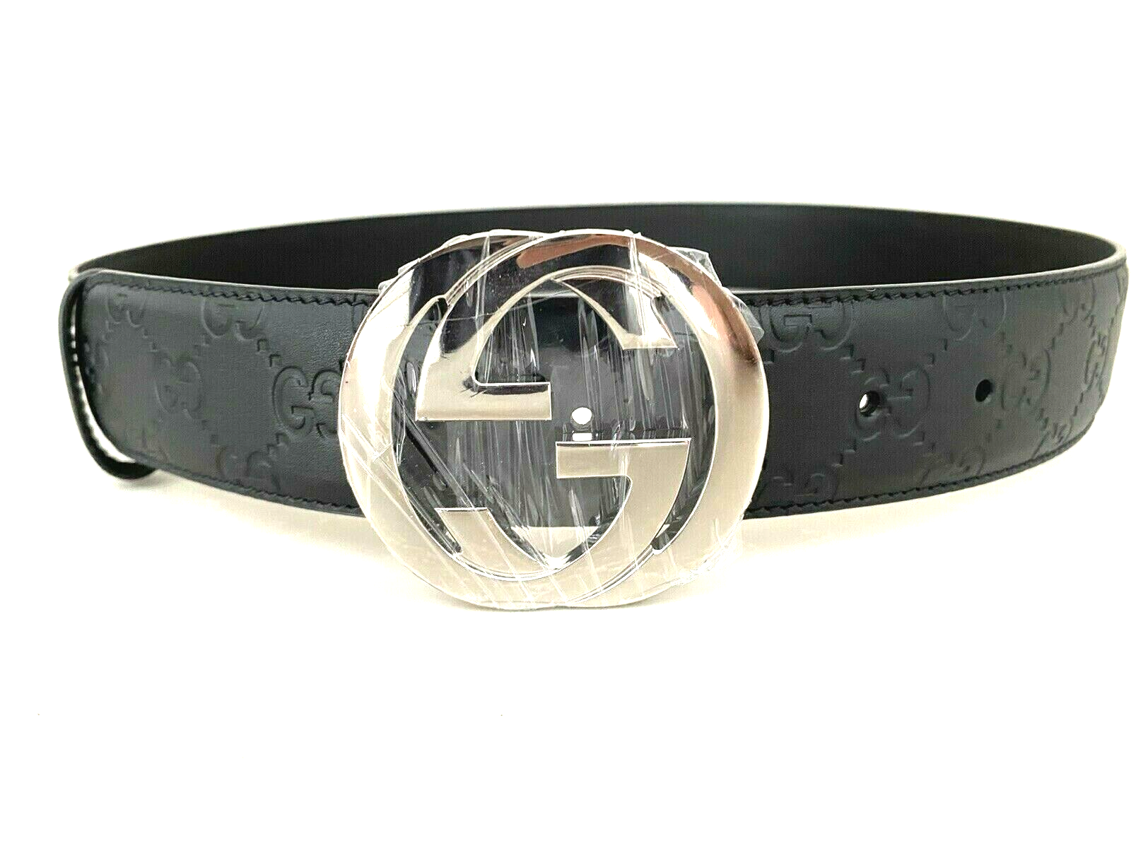 Pre-owned Gucci Men's  Belt Size 32/90 Black Gg Embossed Leather Silver Gg Lasttwo $550