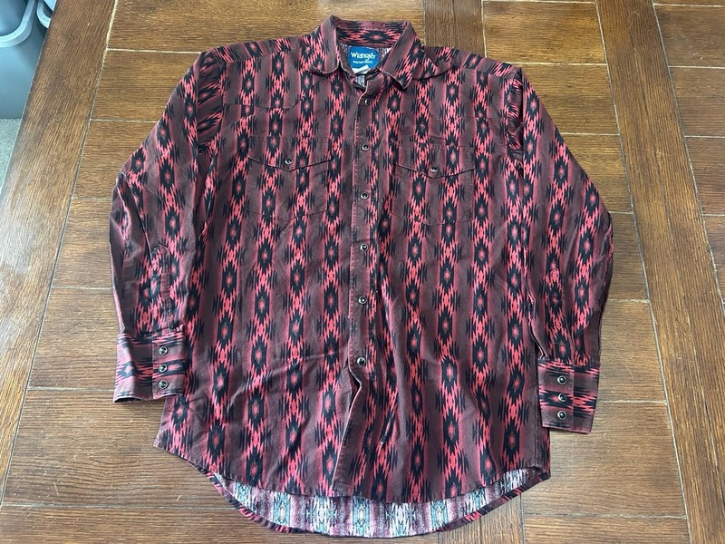 Wrangler Western Shirts Red Black Aztec Geometric Cotton Pearl Snap Shirt Medium