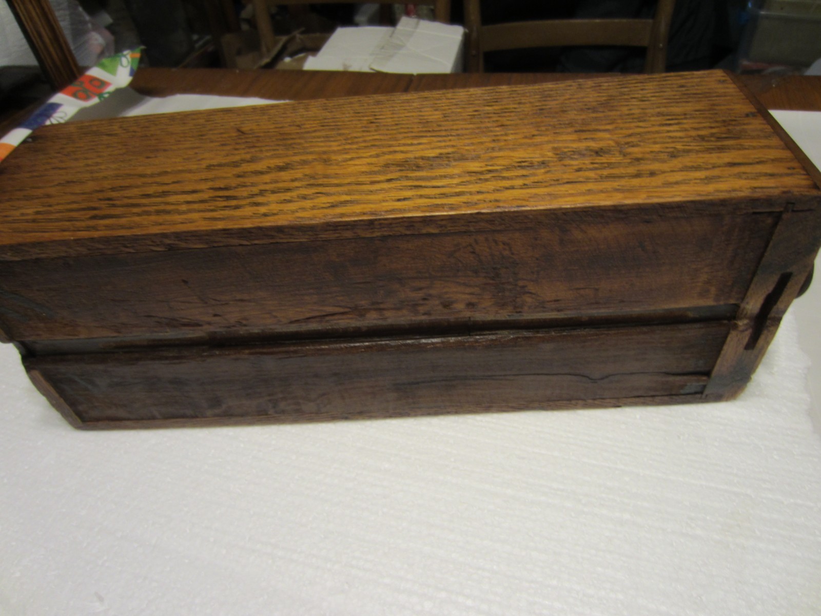 Vtg Singer Sewing machine wood drawer w/metal pull, carved front