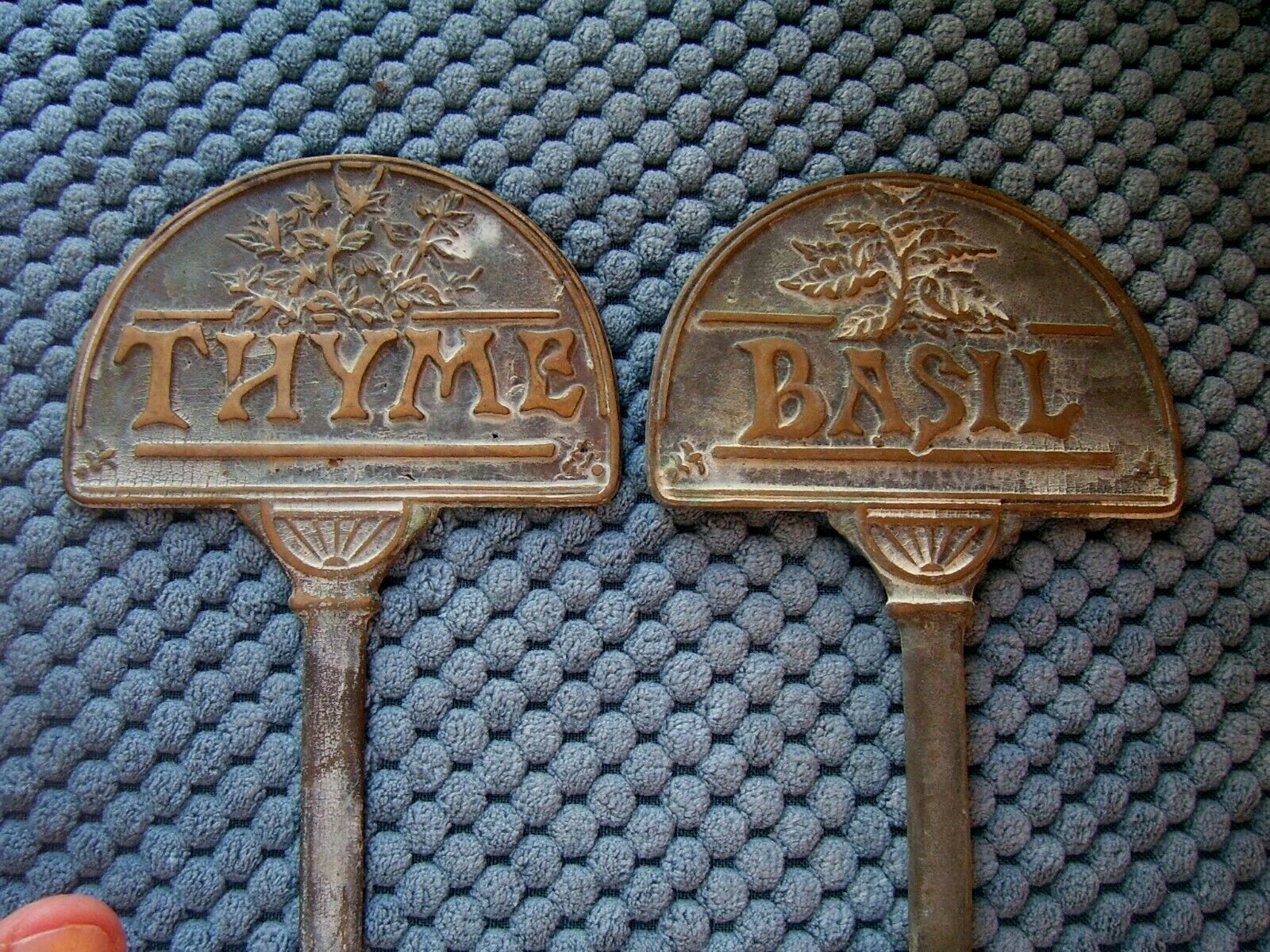 TWO 10 INCH BRASS HERB GARDEN STAKES-THYME-BASIL-REALLY NICE VINTAGE SHAPE