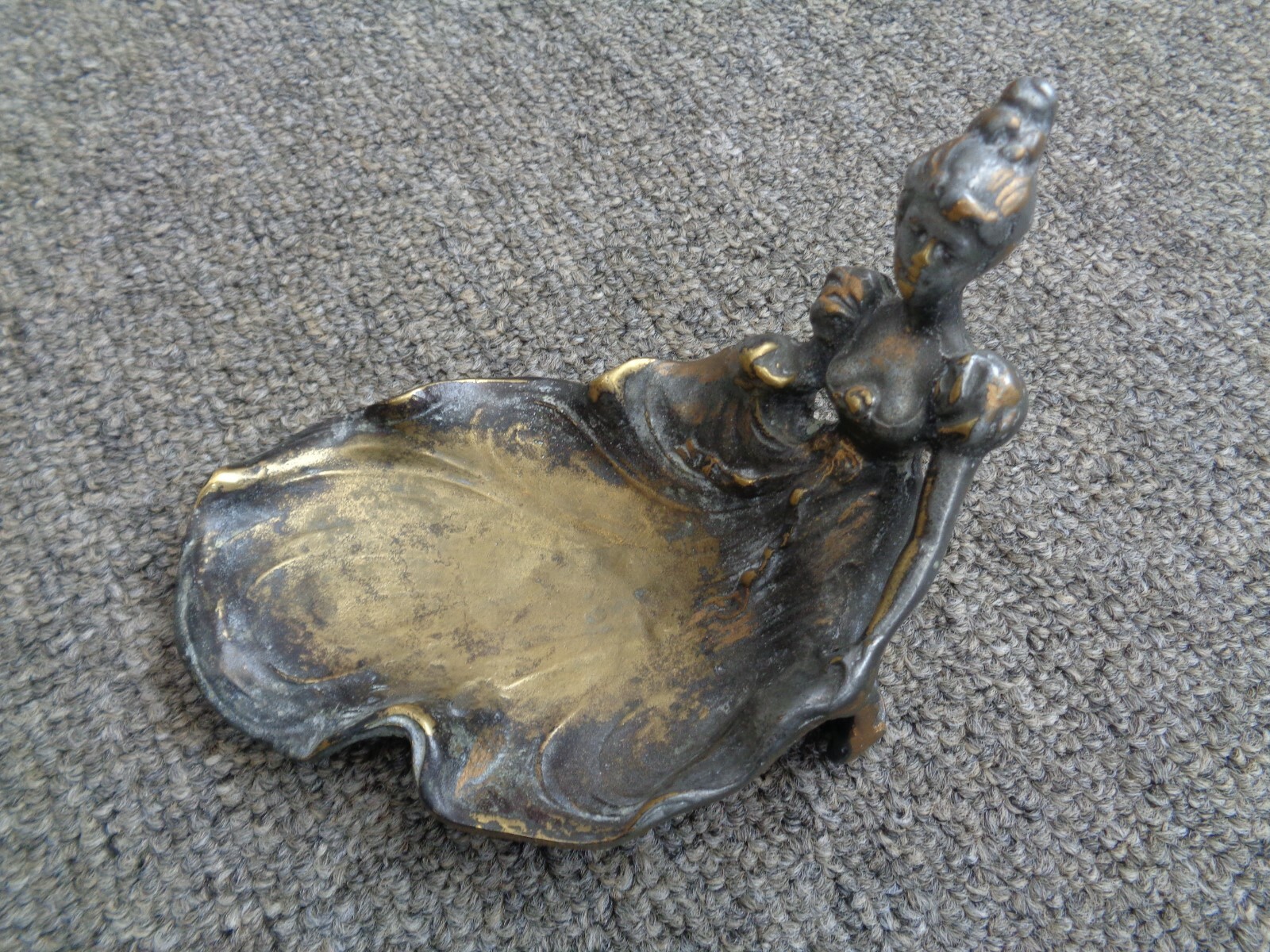Cast Metal Art Nouveau Woman Statue Coin Dish Calling Card Display