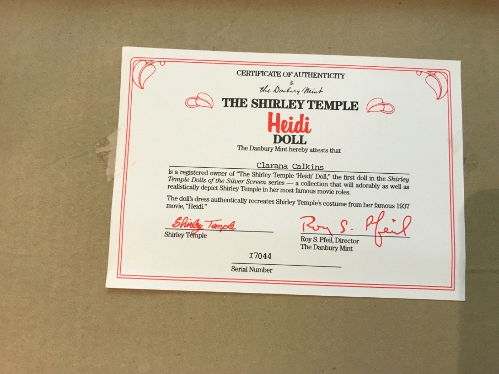 Danbury Mint Shirley Temple Heidi Doll 1st in Series 14” w Box Silver Screen