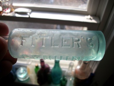 FITLER'S GENUINE CARMINATIVE AQUA CYLINDER 1890S ERA MOLD BLOWN BOLDLY EMBOSSED