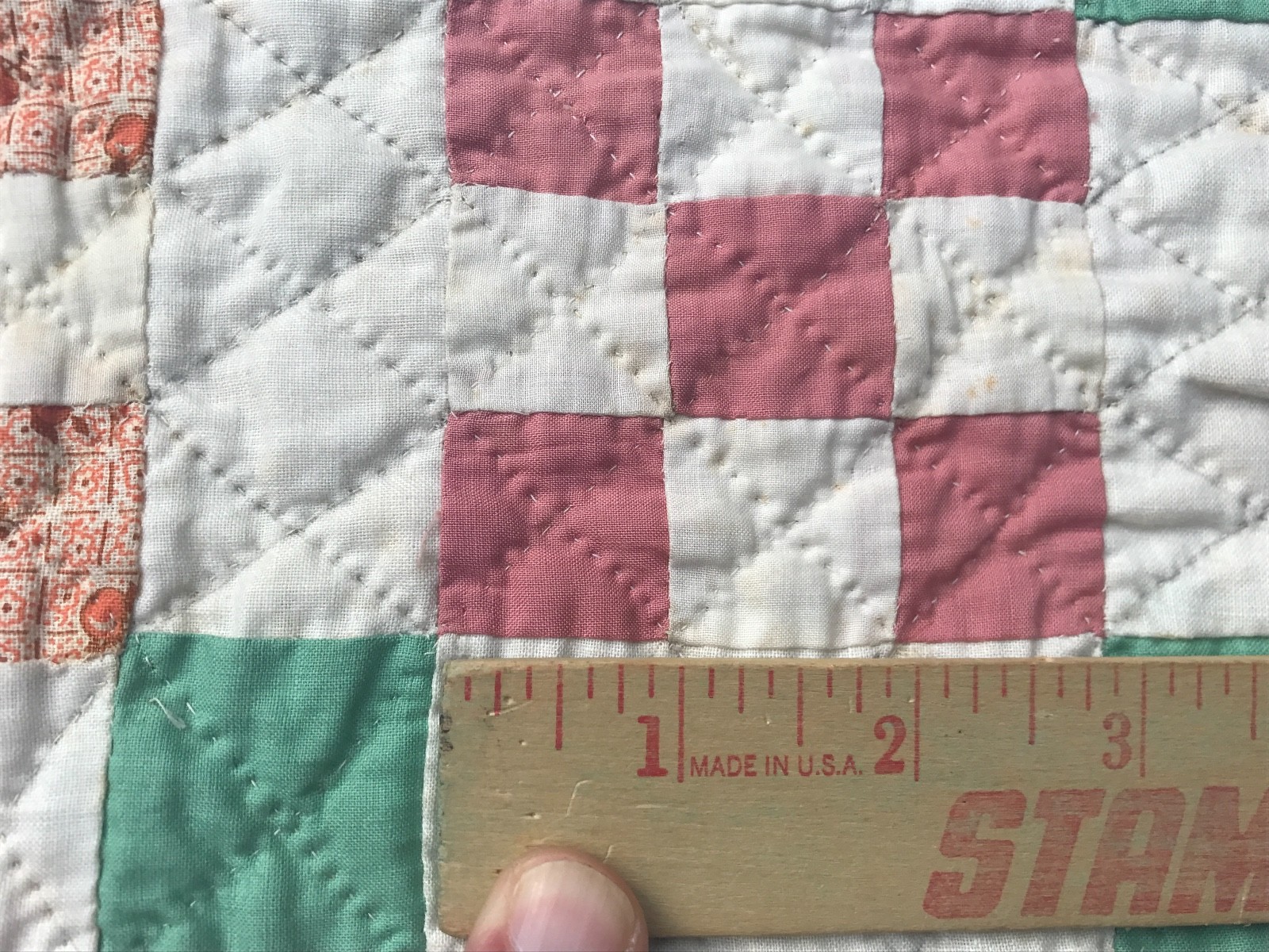 Vintage Postage Stamp Quilt Irish Chain Feed Sack Material Feedsack Green