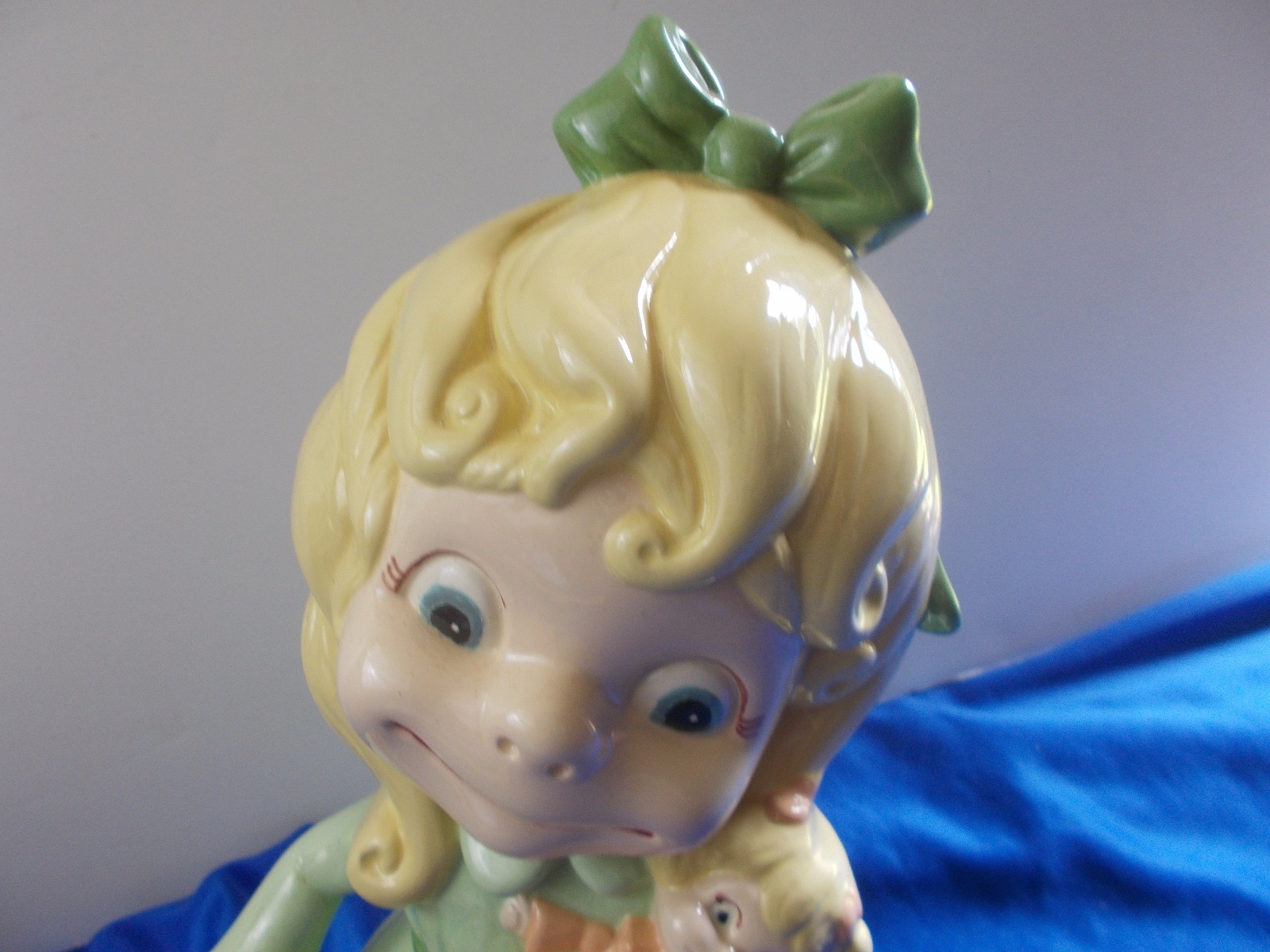 Atlantic mold girl green dress doll basket statue figure ceramic 11”  Vintage