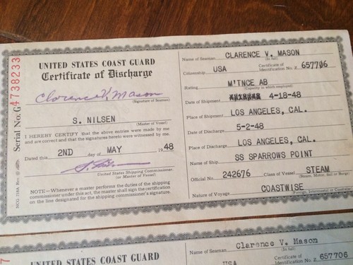 6 1948 U.S. Coast Guard Certificate of Discharge Merchant Seaman Steam Vessels