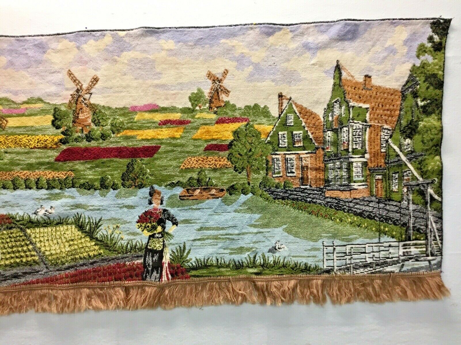 Tapestry~Wall Hanging~Dutch~Windmills~Tulips~Holland~Crops~Fringe~Village~Velour