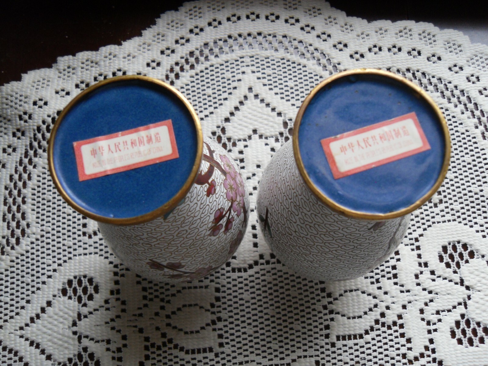 Nice set of Chinese cloisonne vases w pink cherry blossoms bird gold accents 6