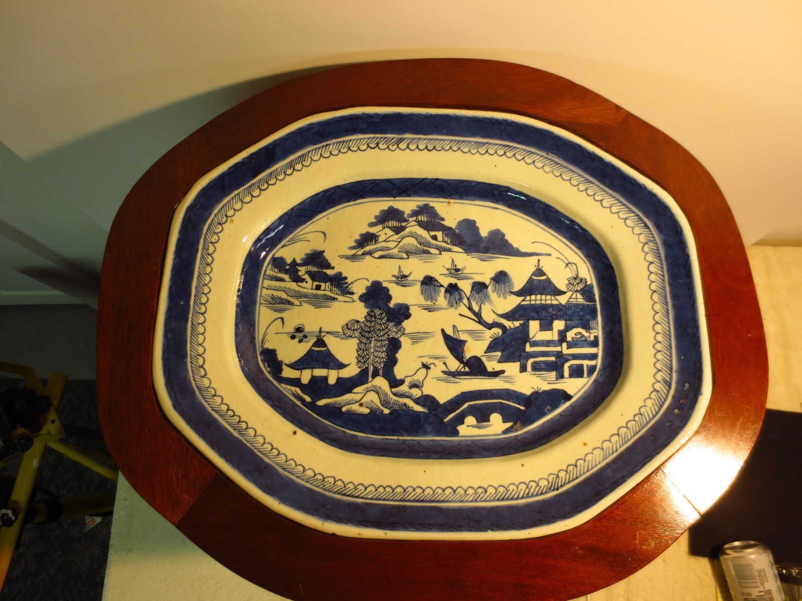 large antique Chinese blue white Canton platter on conforming table base 19th c