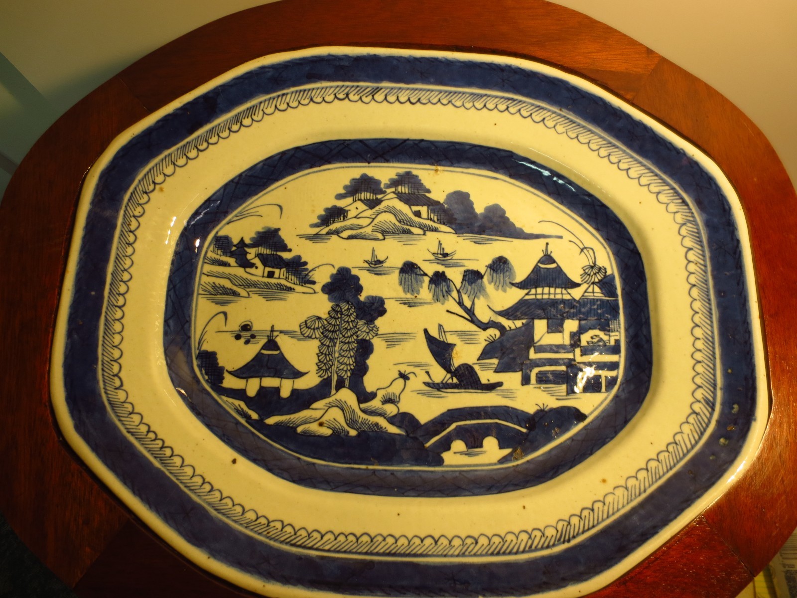 large antique Chinese blue white Canton platter on conforming table base 19th c