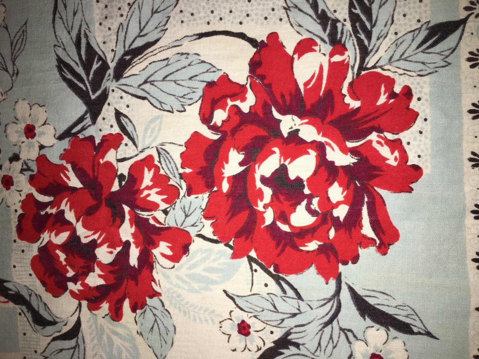 Vintage 1940's Table cloth Pastel Blue and Red Roses Square 43 X 43 inches