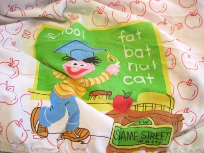 Vintage Sesame Street Bert Ernie Oscar Big Bird Apples Twin Fitted Fabric Sheet