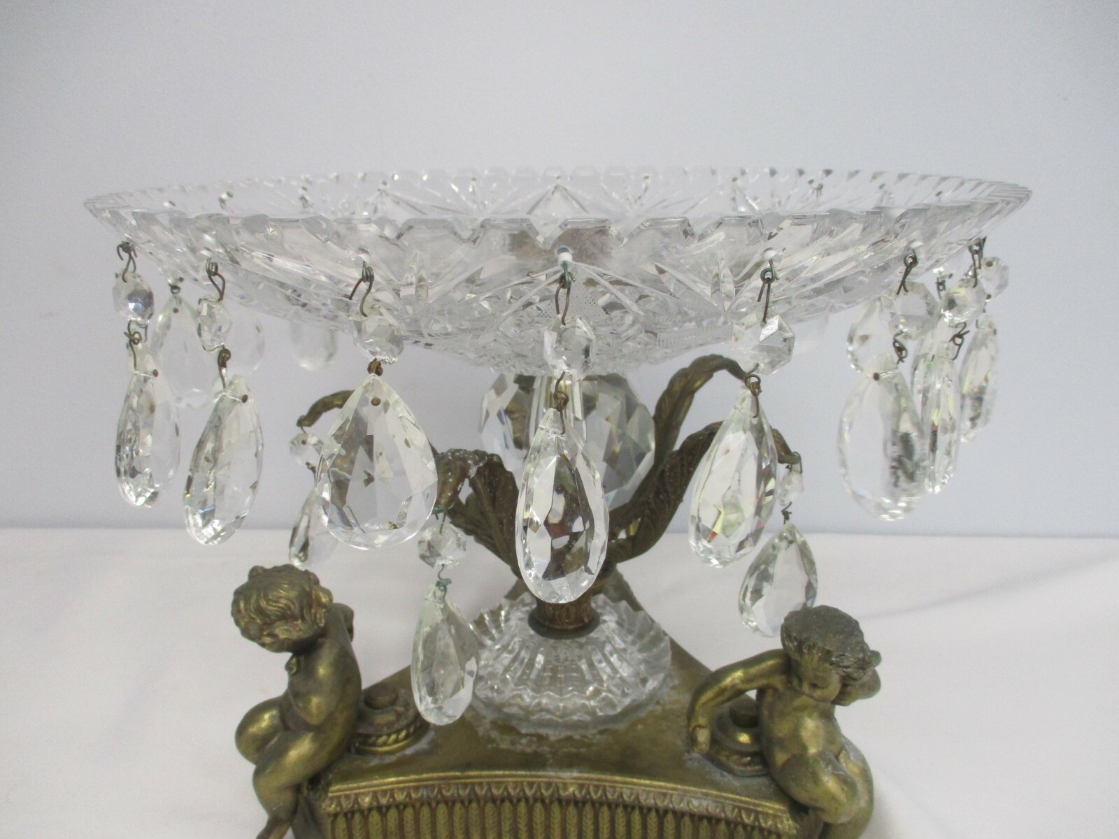ANTIQUE HEAVY CRYSTAL CENTERPIECE BOWL with CHERUB BASE & DANGLE PRISMS 13 1/2