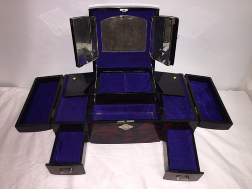 Antique VTG Black Lacquer Musical Jewelry Box Asian Hand Painted Drawers Mirror