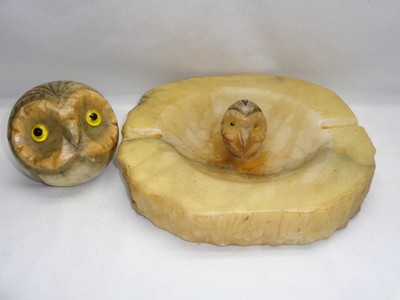 Vtg Italian Alabaster Marble Stone Carved Owl Ashtray & Owl Head Paperweight