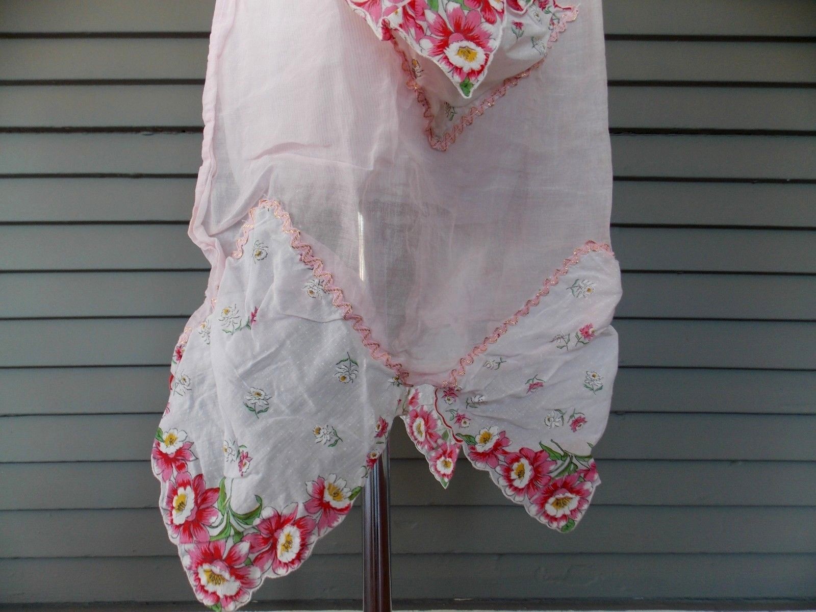 Vintage Handmade Half Apron Sheer Pink With Floral Hankerchiefs Ric Rac Trim