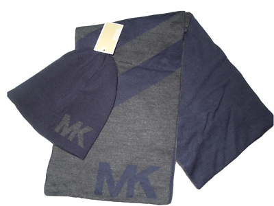 Michael Kors mens Reversible logo knit winter Scarf Beanie Hat
