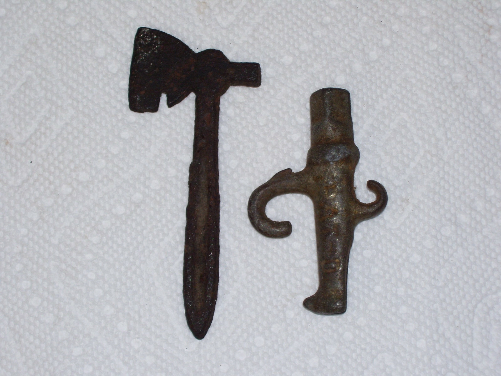 Lot of Antique Cast Iron Items,Toy Pans, Clothes Irons, Ax, Copper Frog in Bowl