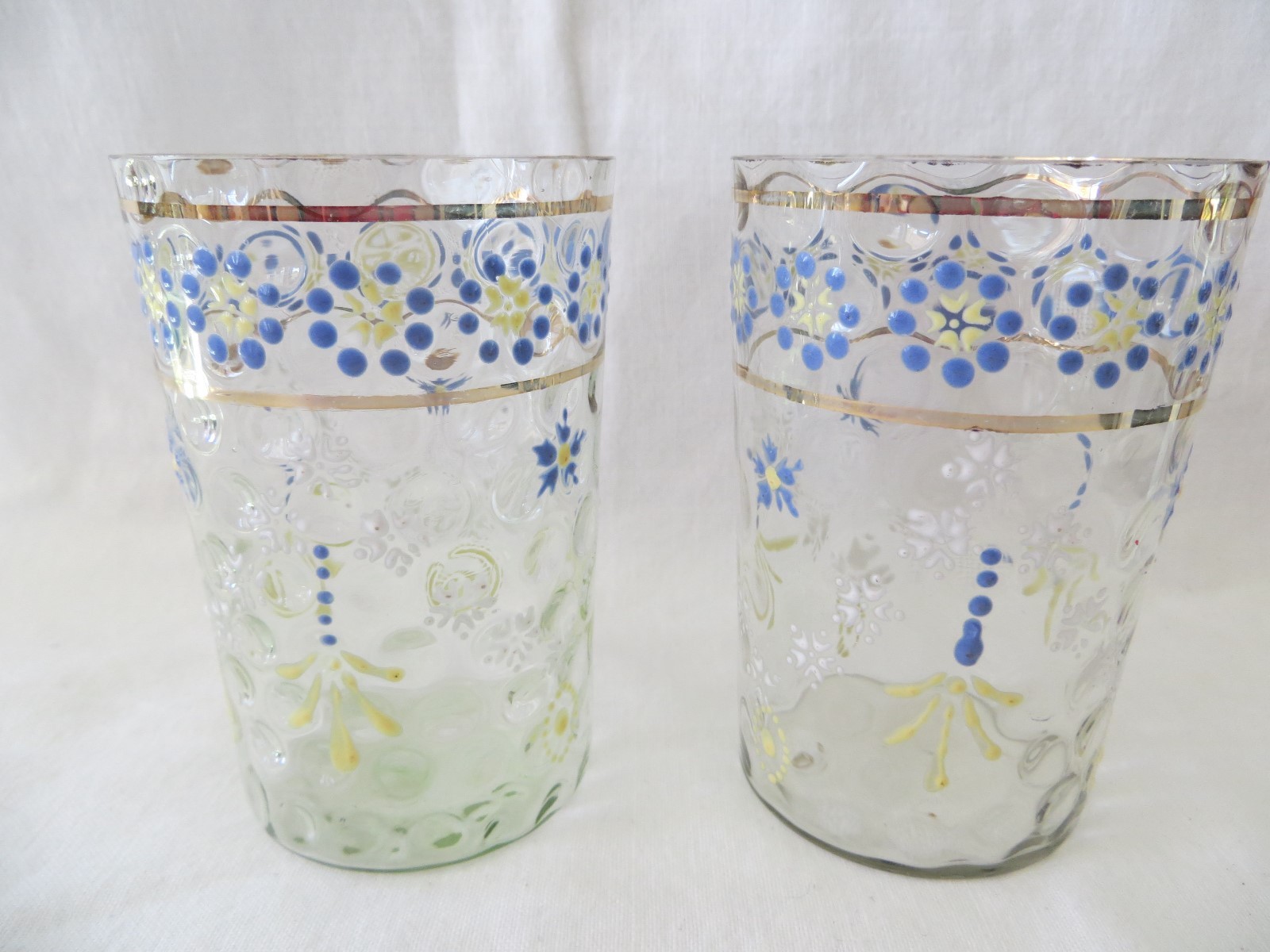 2 Victorian Enameled Glass Tumbler Blue Yellow Flowers Swag Thumbprint Coin Dot