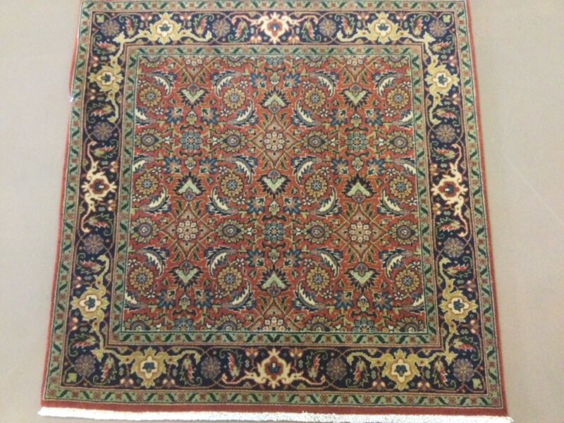 3’ X 3’ Rust Navy Blue Square Hand Knotted Oriental Rug Wool Geometric Hallway