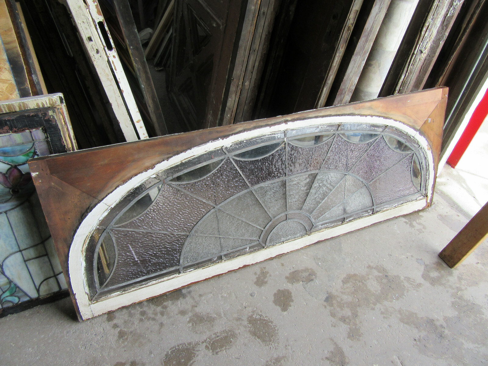 ~ BIG ANTIQUE STAINED GLASS FANLIGHT WINDOW  ~ 70 X 24 ~ ARCHITECTURAL SALVAGE