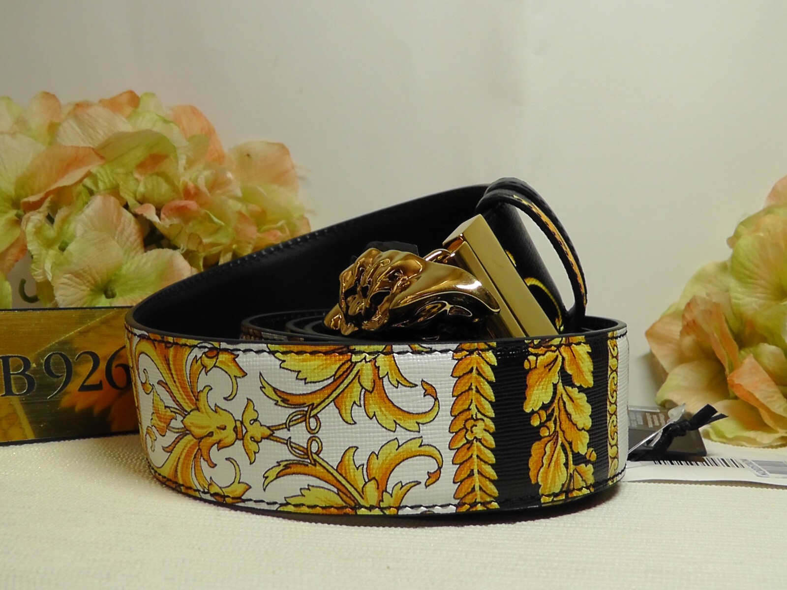 Pre-owned Versace Gold/black Heritage Medusa Buckle Reversible Leather Belt Sz 110 Or 43''