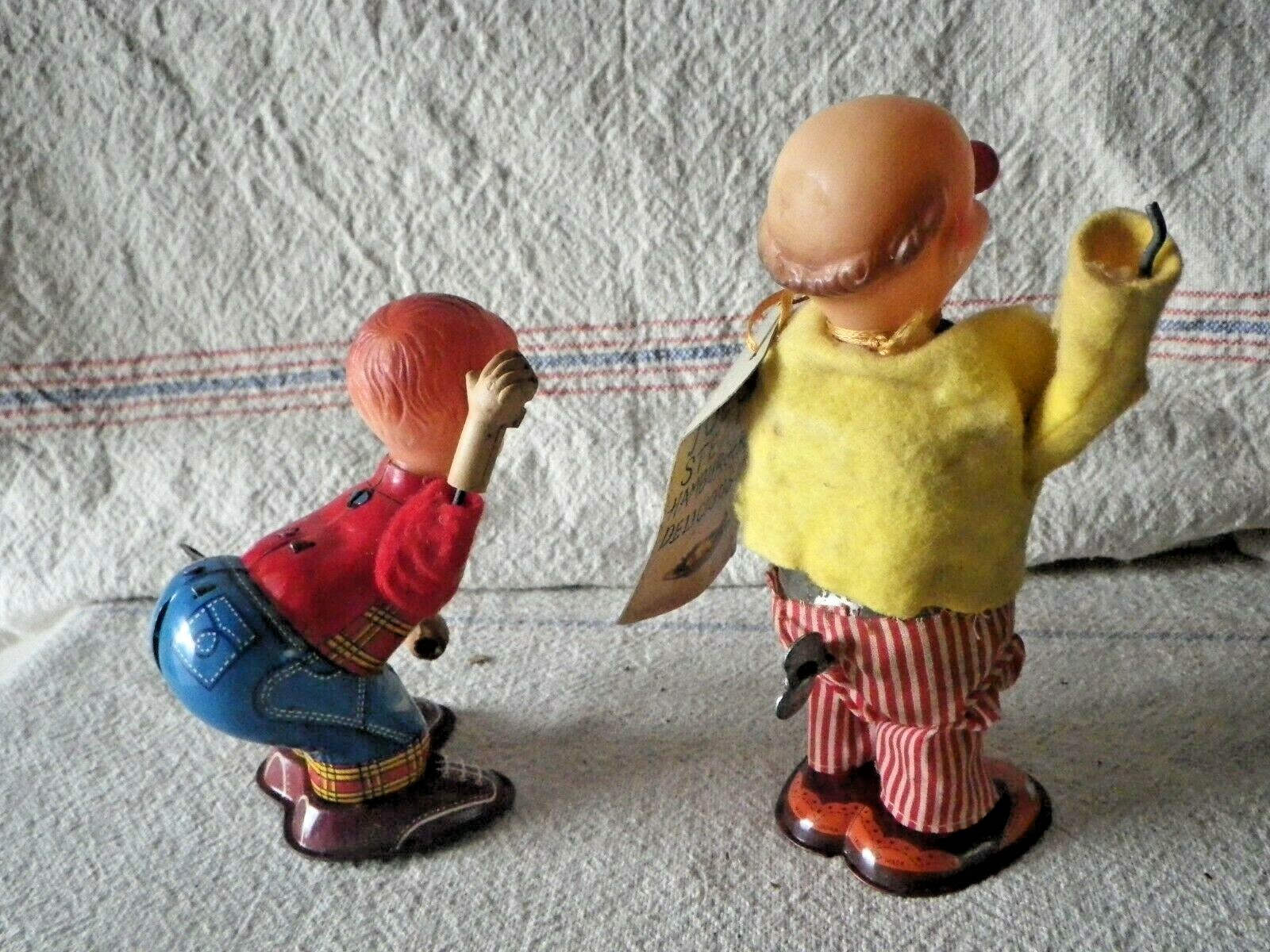 2 Vintage Tin Wind Up Toys Toy Clown & Little Boy For Parts or Repair