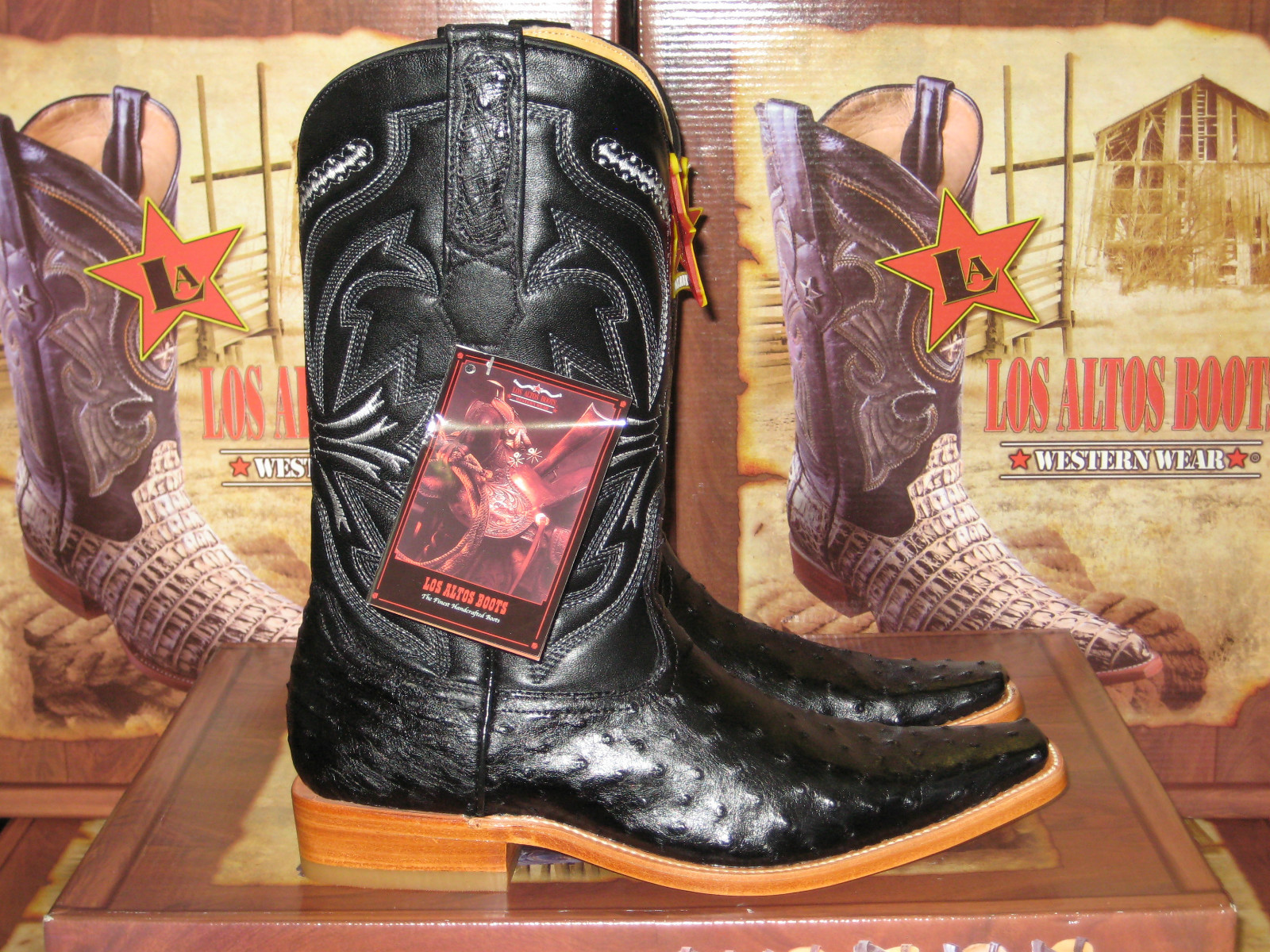 Pre-owned Los Altos Boots Los Altos Black Genuine Full Quill Ostrich Western Versage Square Toe Boot D
