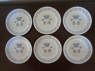 SET of 6 Corelle BLUE HEARTS Corning Glass 6.25'' BREAD PLATES - MINT