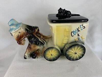 1950's American Bisque Ceramic Horse Buggy Cat Cookies & Milk Covered Cookie Jar