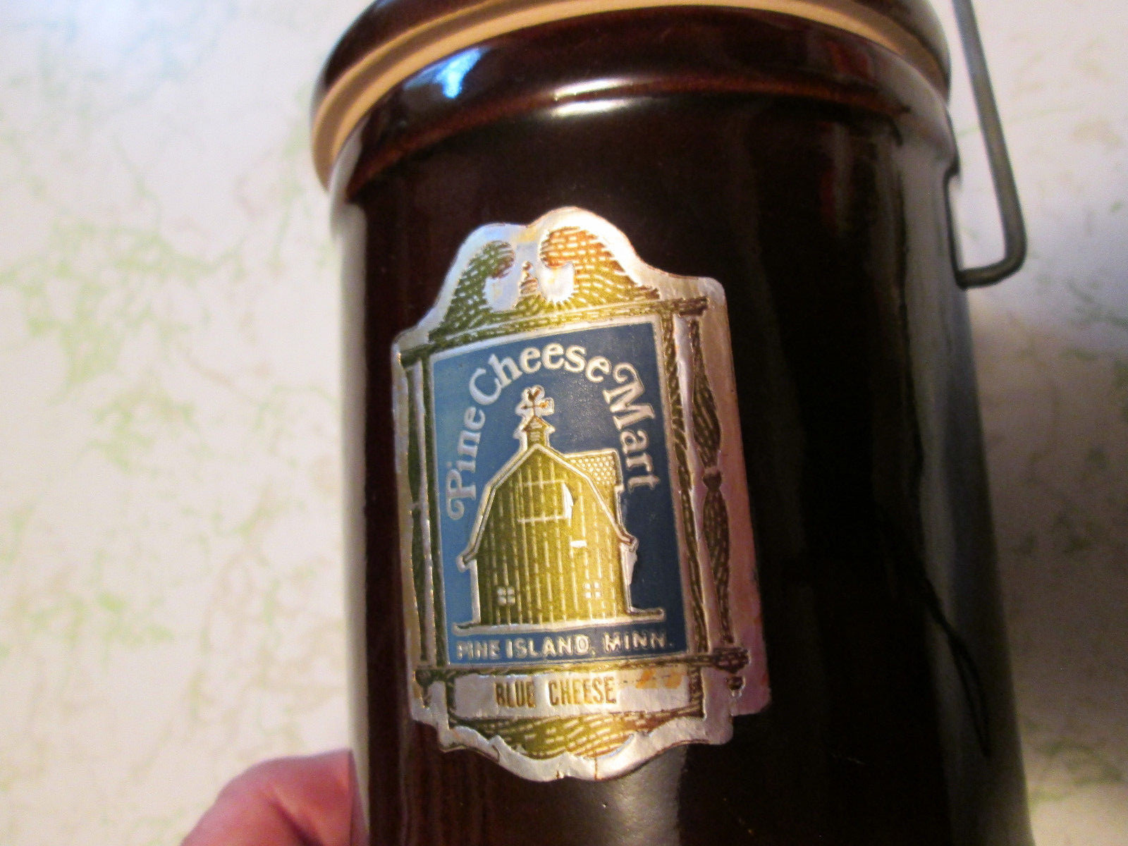 Vintage Brown Stoneware Cheese Crock Wire Clamp Lid Pine Cheese Mart  MN