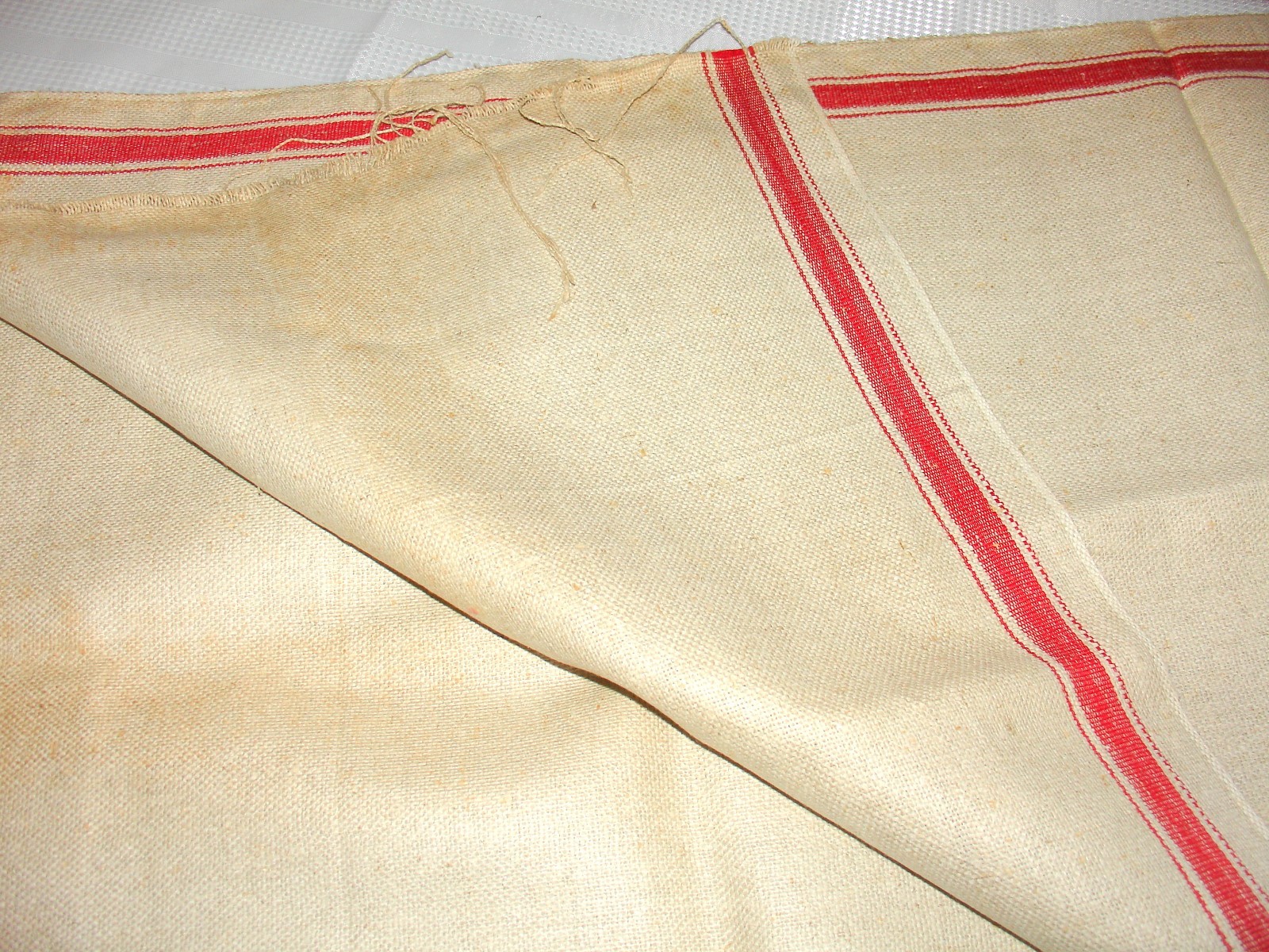 Vintage stiff heavy ticking fabric Red Stripe Linen 4 Yards FEED SACK GRAIN BAG