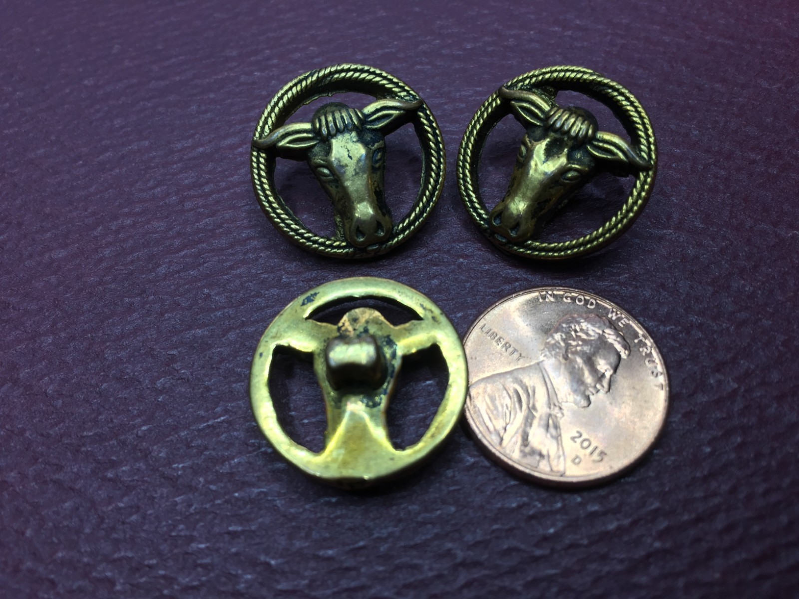 3 Vintage Cow Longhorn Gold Brass tone buttons 20mm
