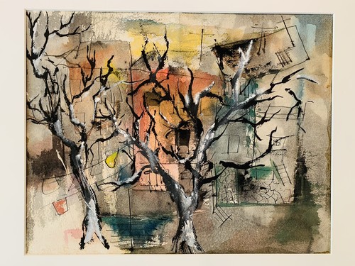 Mid Century Modern Painting City Scape New York Abstract Cubism