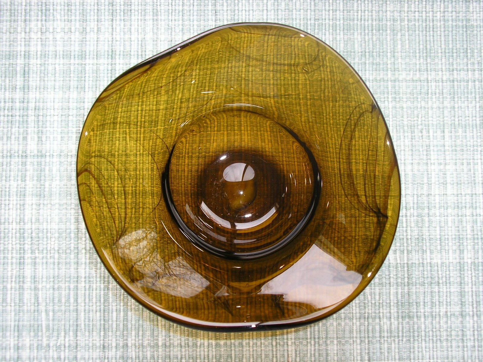Small Hand Blown Art Glass Bowl - Brown/Amber with Darker Brown Swirls