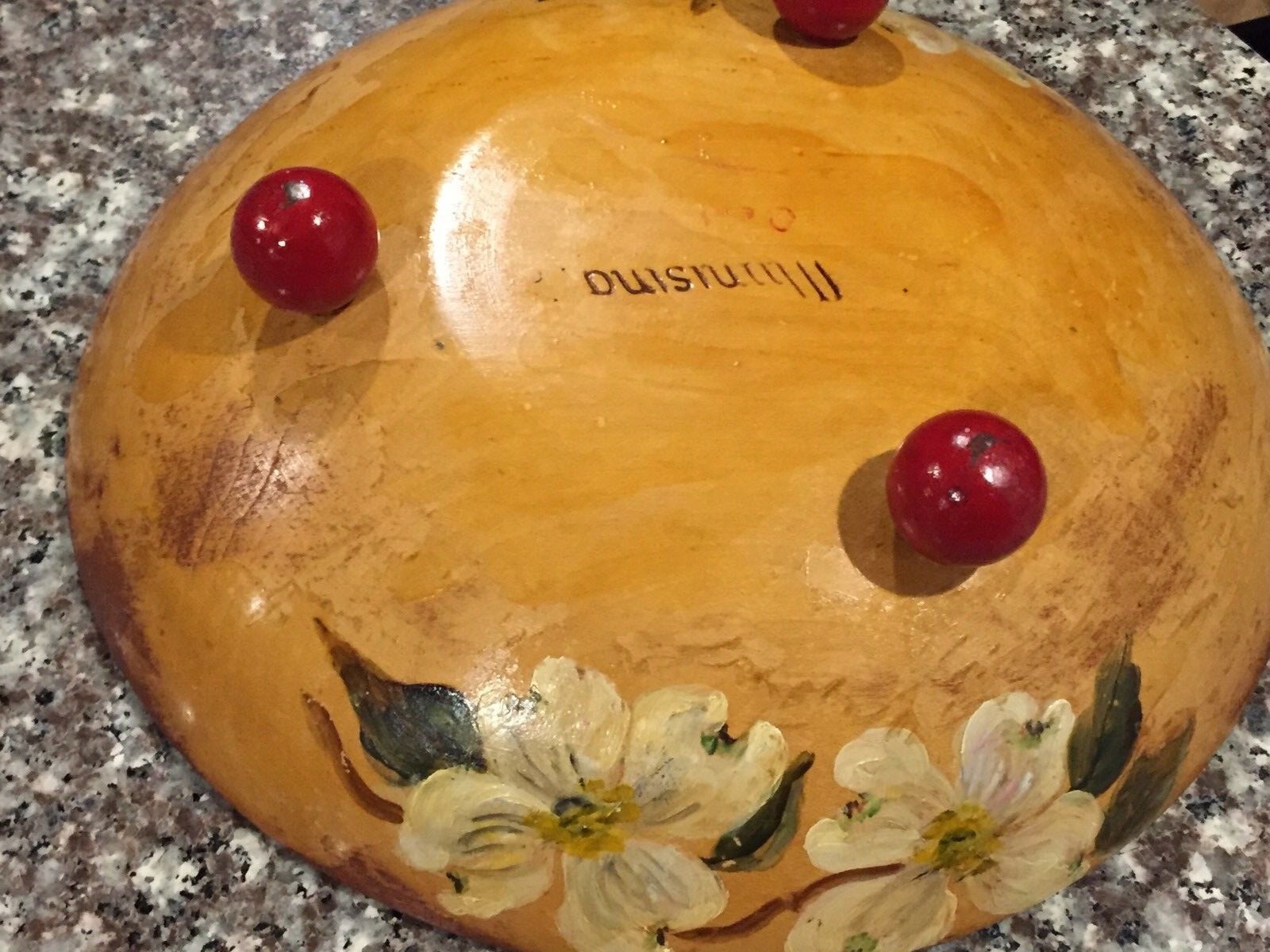 VTG MUNISING Solid Maple Wood Salad Fruit Footed BOWL w/ Painted White Flowers