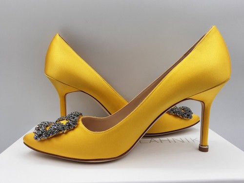 Pre-owned Manolo Blahnik Hangisi 90 Yellow Satin Jewel Buckle Pumps Heels Eu 37 Us 7 $1195