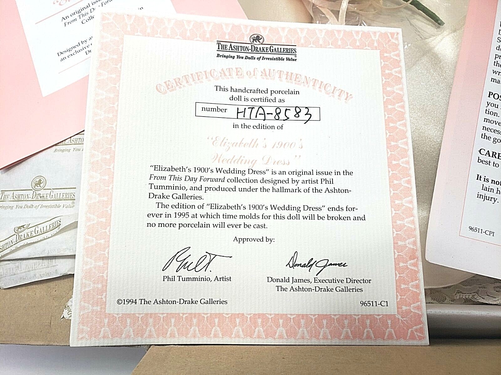 The Ashton-Drake Galleries Elizabeth's 1900's Wedding Dress Porcelain Doll 1994