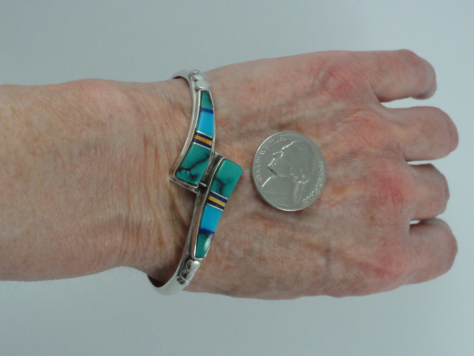 Estate Sterling Silver Turquoise Inlay Multi Color Cuff Bracelet Southwestern