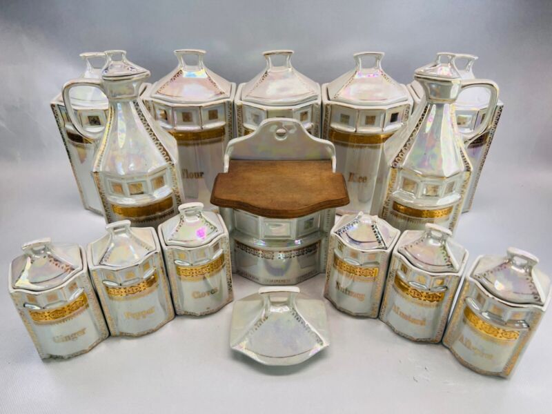 White Block German Lusterware Cannisters Spice Containers **You Pick!**