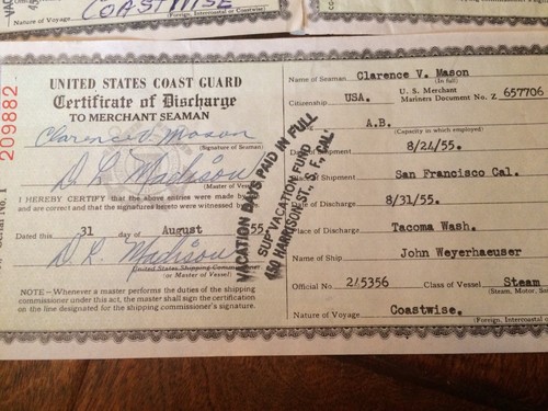 7 1955 U.S. Coast Guard Certificate of Discharge Merchant Seaman Steam Vessels