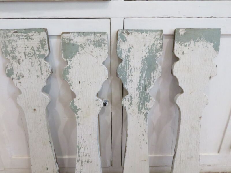 Antique Original Chippy White & Green Paint Wood Architectural Table Legs Corbel
