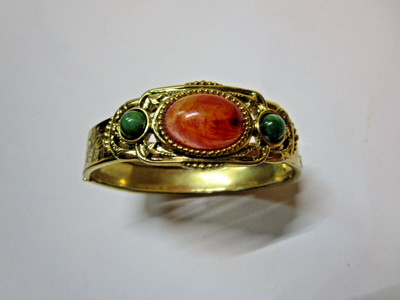 Vintage Faux Stone Etruscan Flower Etched Bracelet Signed 1928