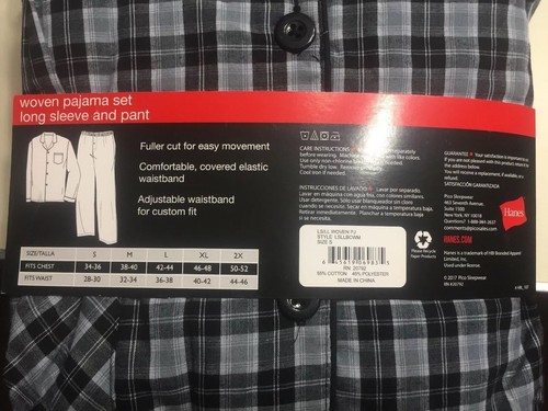 Hanes Men’s Small 2-pc Long Sleeve & Pant Woven Pajama Pj’s Gray Black Plaid NWT