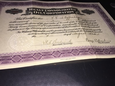 1924 Healy Consolidated Oil Corporation Stock Certificate