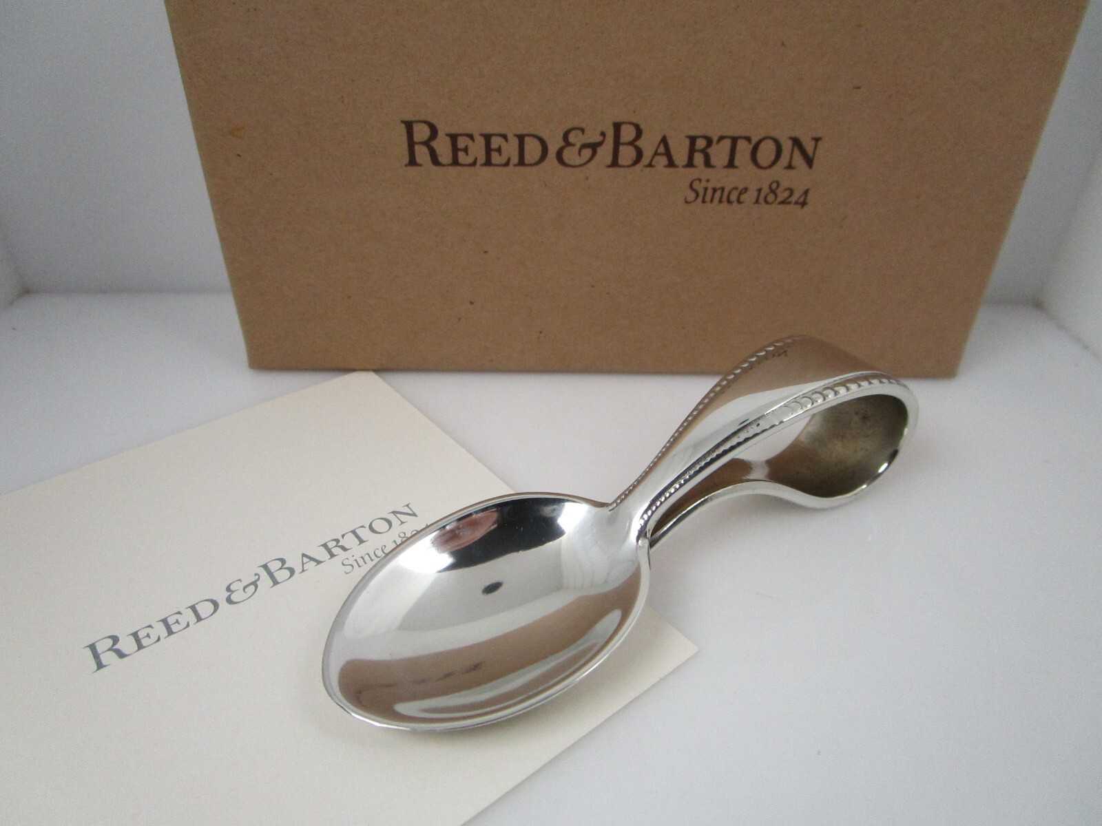 Reed & Barton Beaded Edge Curved Handle Pewter Baby Spoon