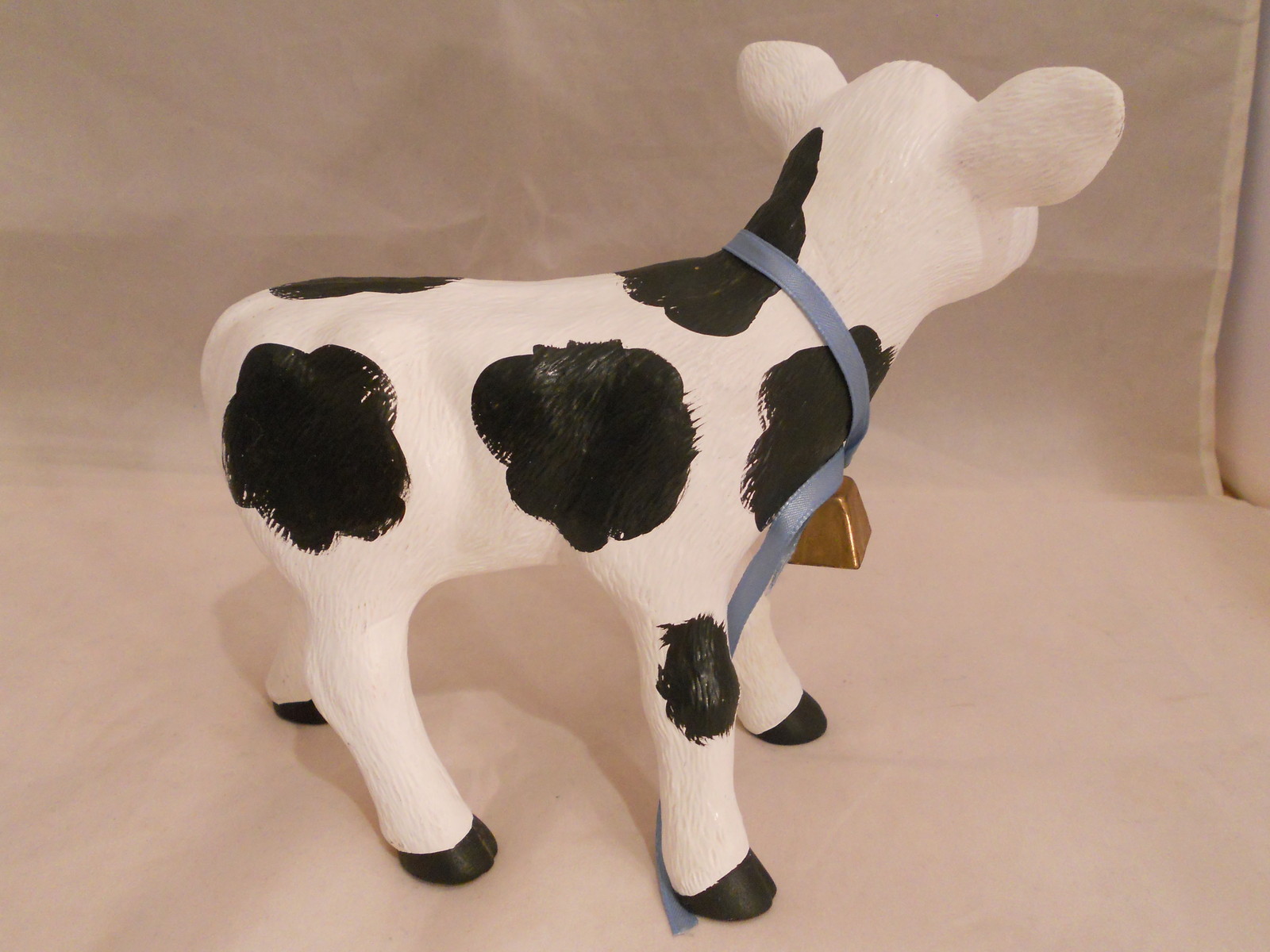 Vintage 1970s Handpainted Ceramic Cow Figurine Black & White With Bell