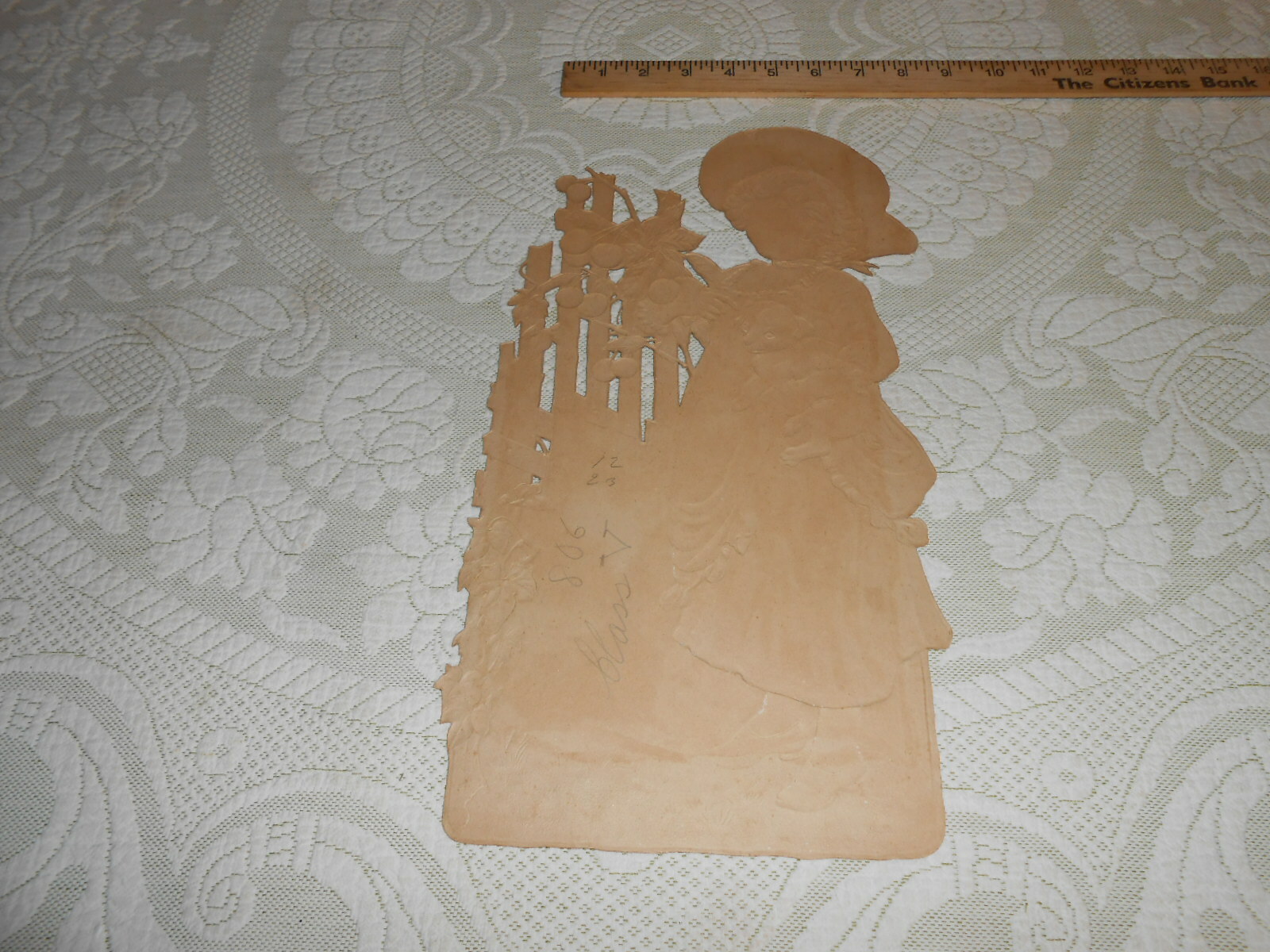 Large 1900 Antique Victorian Die-Cut Sign Little Girl With Puppy Dog NOS