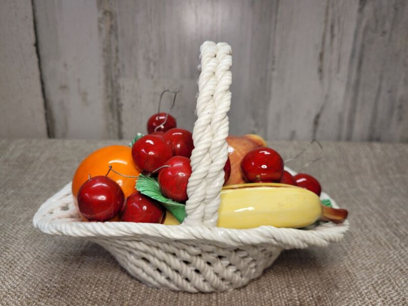 Italian Lanzarin Lattice Woven Ceramic Fruit Basket Handle Centerpiece Majolica
